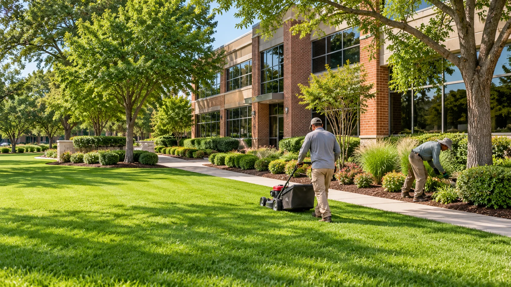 AI-generated commercial property with a maintained lawn, planting beds, shade trees, and landscape workers
