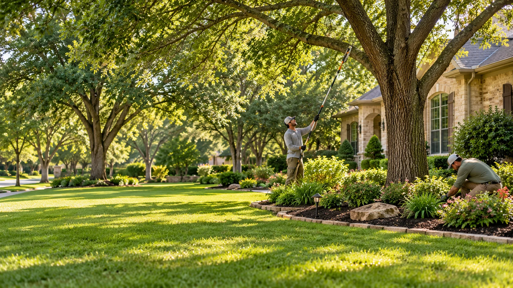 AI-generated scene of a landscaped lawn, mature shade trees, and ground-level tree and planting-bed care