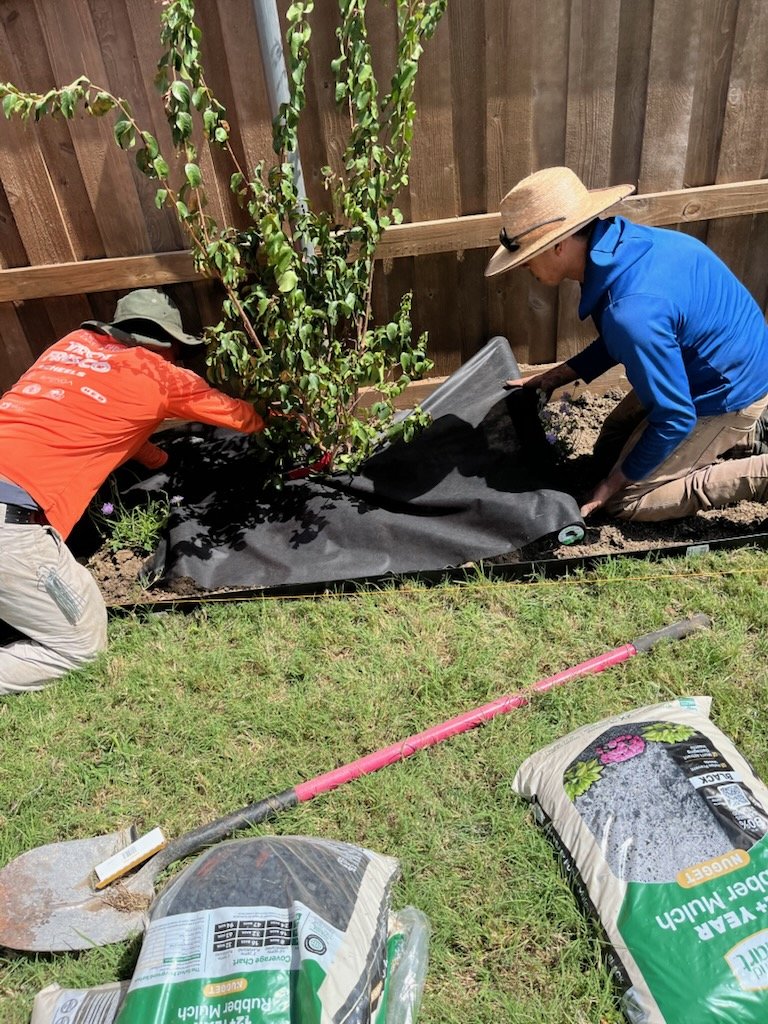 Workers placing landscape fabric around planting beds