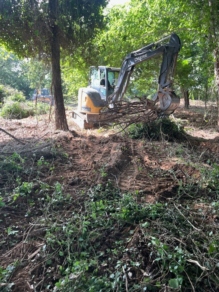 Excavator moving branches in a wooded work area